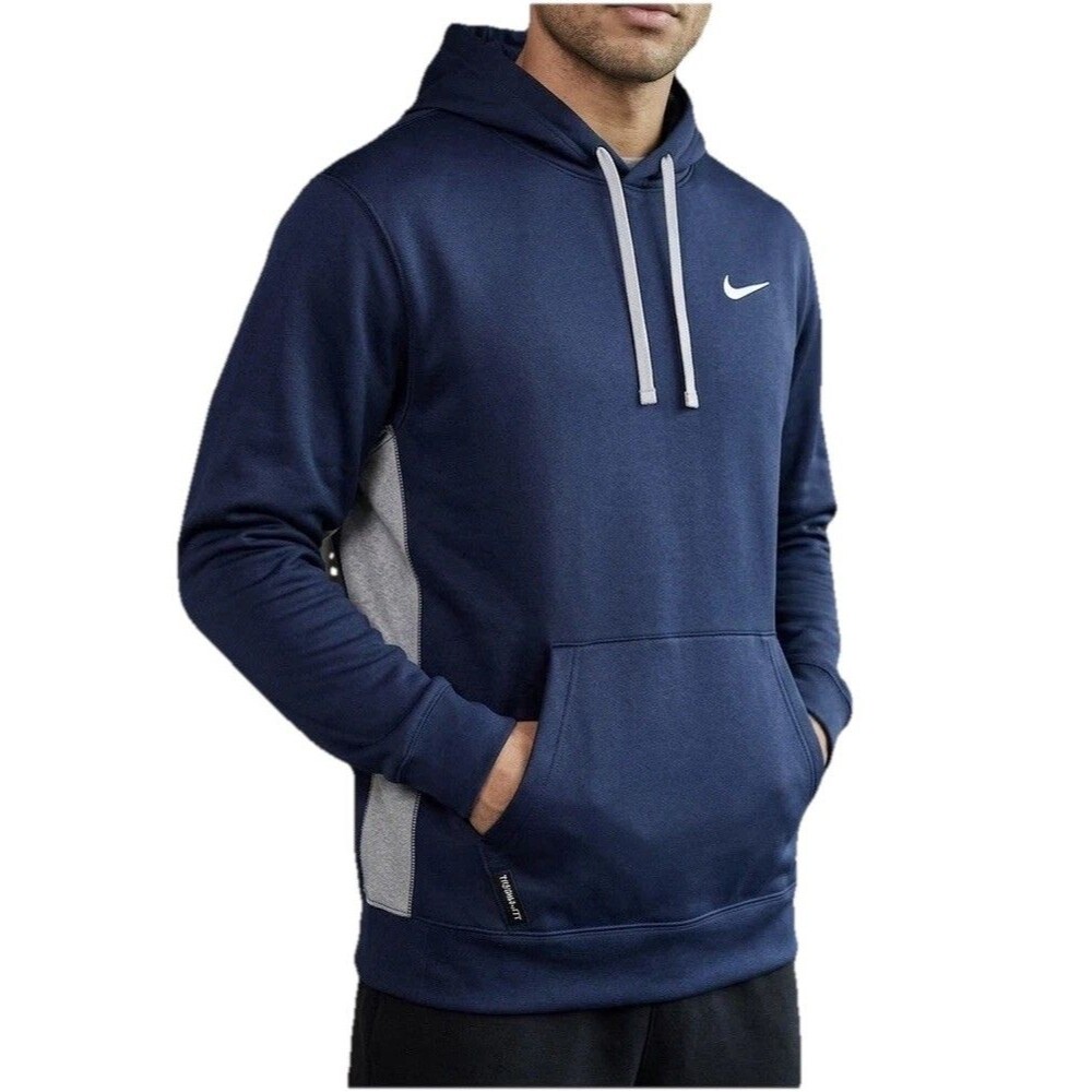 Nike Mens Therma-FIT Hoodie Large L Navy Blue Gray Fleece Lined Pullover Jacket